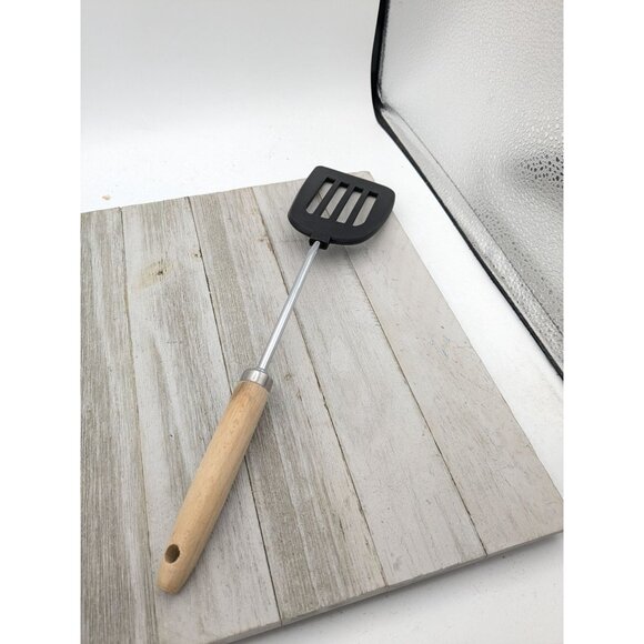 Vintage Unbranded Angled Nylon Spatula Flipper Black Slotted Wood Handle 13" - Picture 4 of 7